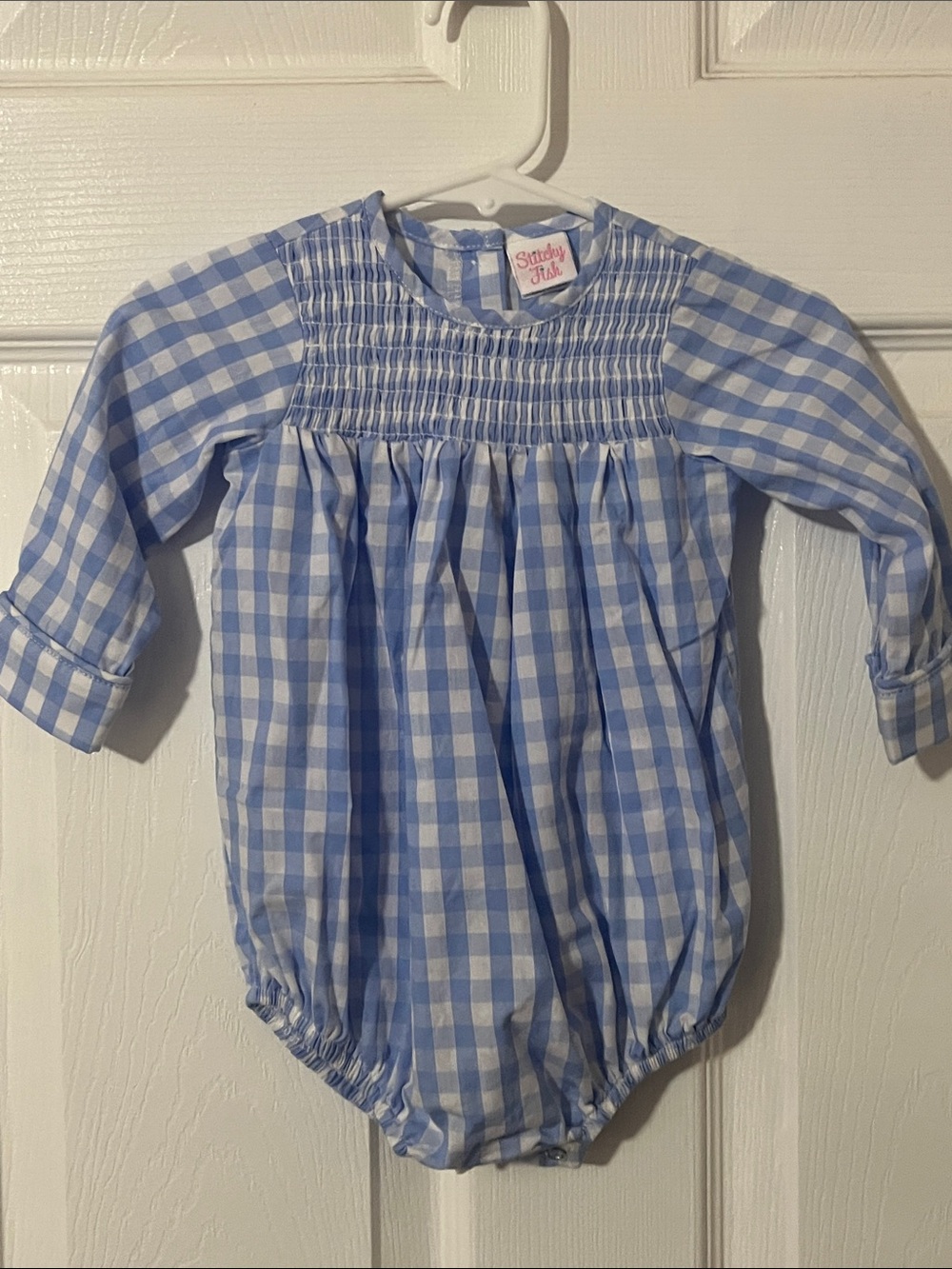 Stitchy Fish Smocked Blue Gingham Baby Bubble Romper Boys One Piece 9 Months
